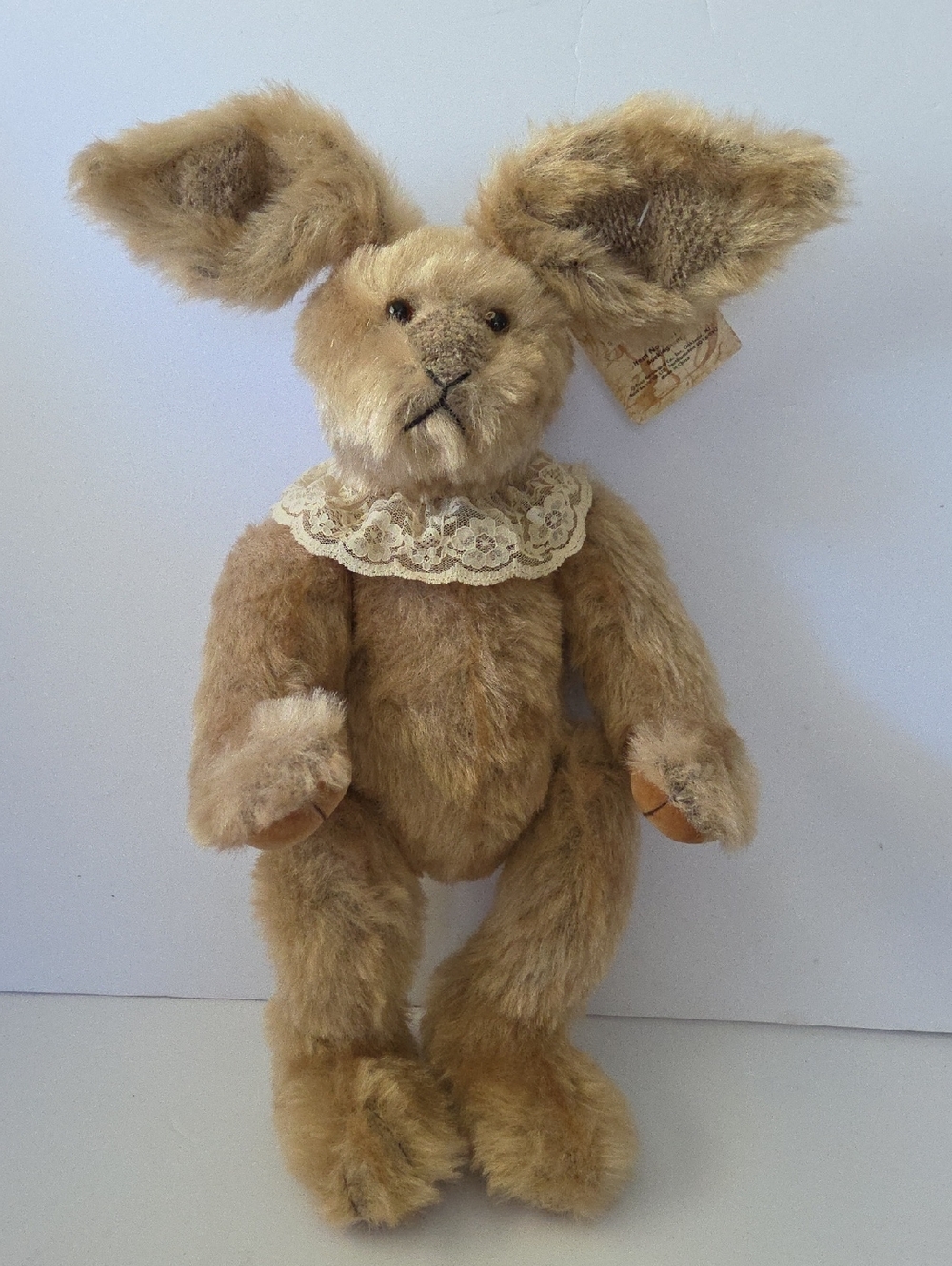 RUSS L.E. BUCKINGHAM BUNNIES FROM THE PAST JOINTED 16" BUNNY RABBIT, LACE COLLAR